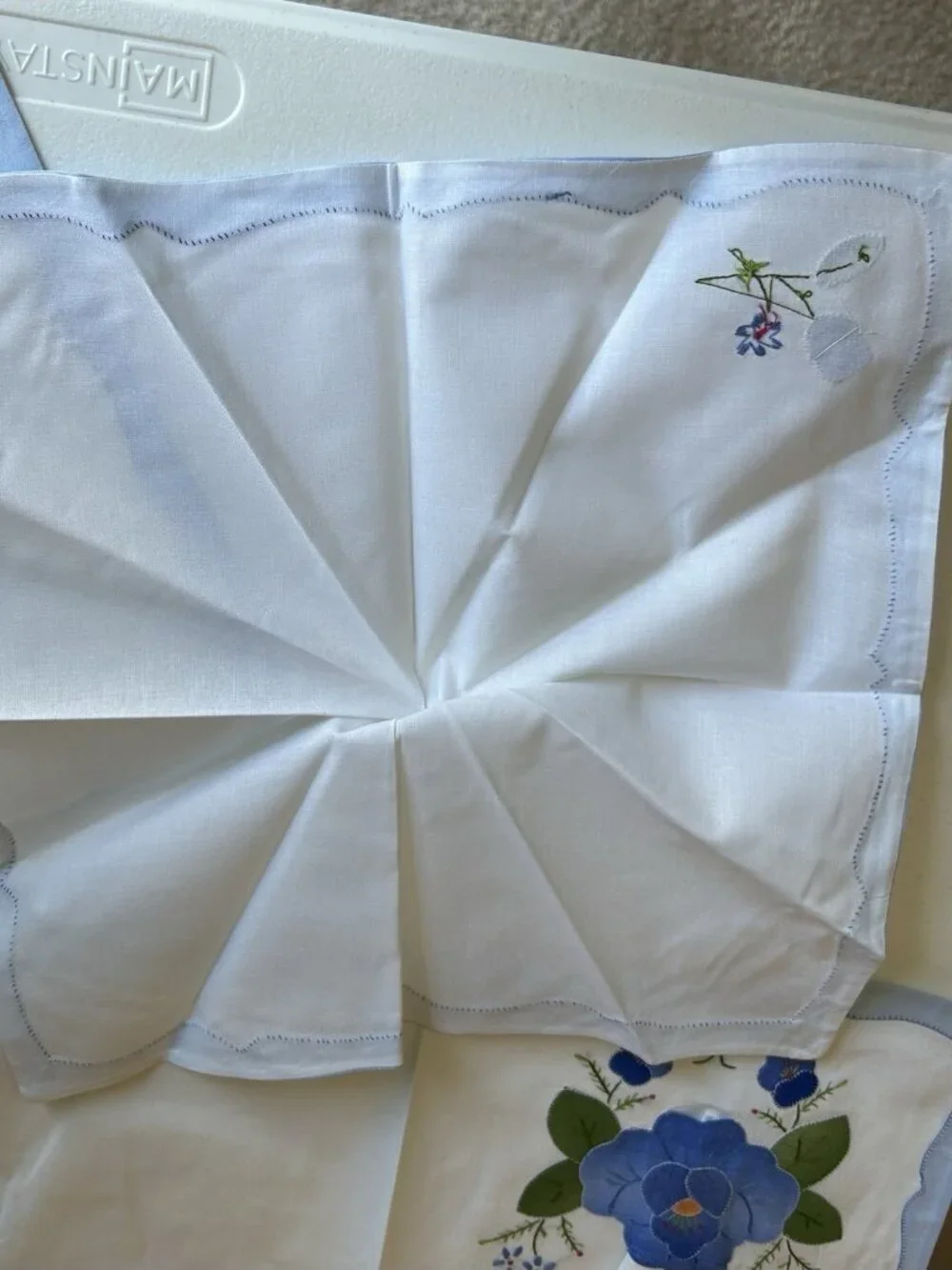 5 Vintage Madeira Applique Placemats w Matching Napkins Cotton NOS Blue White